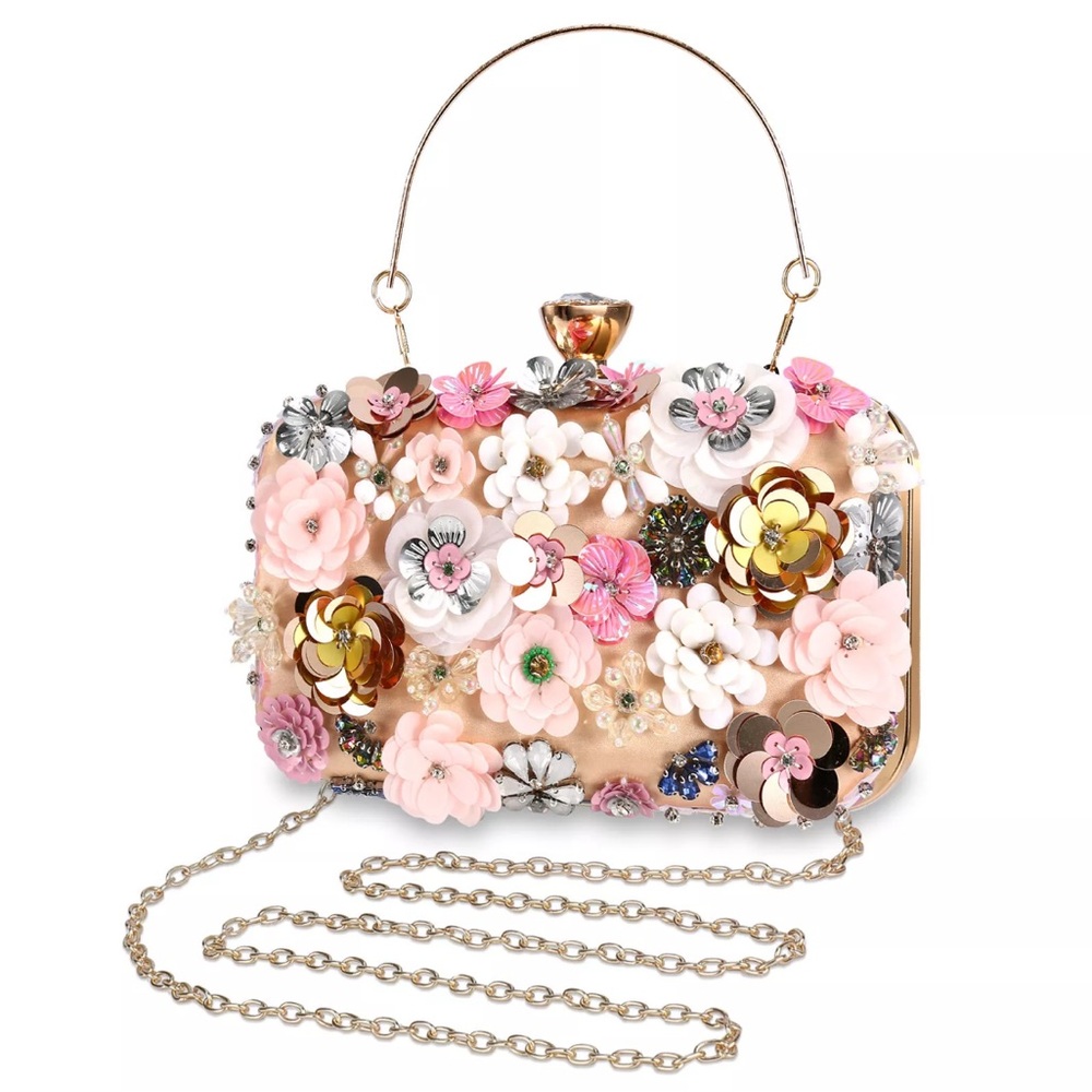 NEW, Spring PERFECTION! SPECTACULAR flower Embellished Clutch with Chain Strap